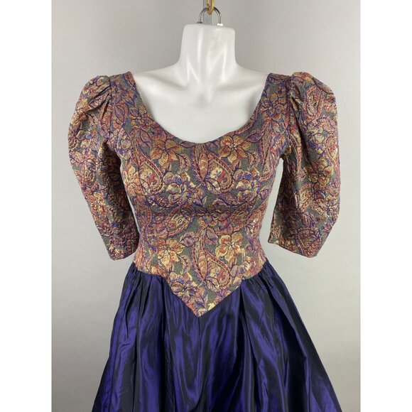 Vtg 80s Purple Gold Floral Tapestry Brocade Purple Taffeta Prom Tea Dress Glam S - Picture 3 of 6
